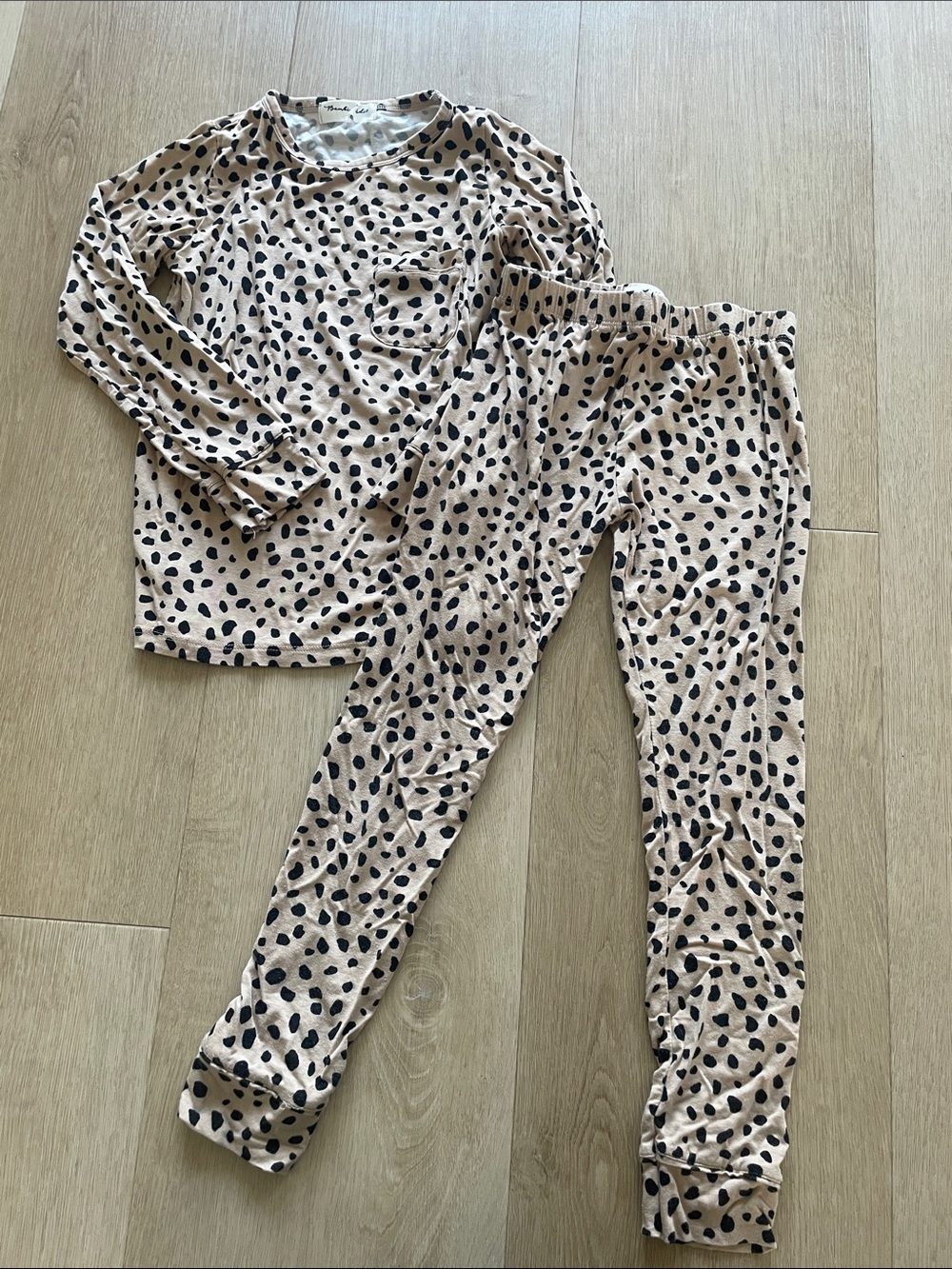 Kids Long Sleeve Pajama Set in Beige with Black Spot Print